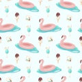 Vector seamless summer pattern. Cute realistic sea vacation elements. Inflatable pink flamingo, ice lolly and cool cocktail Royalty Free Stock Photo