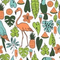 Vector  summer pattern  with flamingo, parrot and  tropical plants Royalty Free Stock Photo