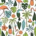 Vector pattern  with flamingo, toucan and  tropical plants Royalty Free Stock Photo