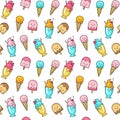 Vector seamless summer pattern with ice cream. Cones ice cream and ice lolly on white background. Frozen desserts. Royalty Free Stock Photo