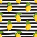 Vector seamless summer pattern with lemons on black and white striped background Royalty Free Stock Photo