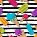 Vector seamless summer pattern. Multicolor ice cream on black watercolor striped background. Royalty Free Stock Photo