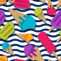 Vector seamless summer pattern with multicolor ice cream on wavy stripes. Cones ice cream and ice lolly background. Royalty Free Stock Photo