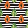 Vector seamless summer pattern with papayas on black and white striped background