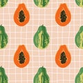 Vector seamless summer pattern with papayas on retro geometry background