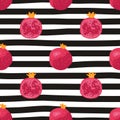 Vector seamless summer pattern with pomegranates on black and white striped background