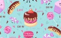 Vector seamless summer, sweet desserts, ice cream, popsicle, cake and cupcakes. love lettering