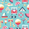 Vector seamless summer travel pattern. Beach vacation flat style elements, retro bus, flowers, balloon, tent, ice-cream Royalty Free Stock Photo