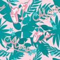 Vector seamless summer tropical background with exotic palm leaves, plants, cocktails, hearts and inscription - Aloha