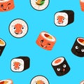 Vector Seamless Sushi Rolls Pattern, Cute Characters, Funny Faces Rolls, Japanese.