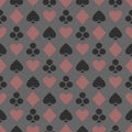 Vector seamless symmetrical pattern with black and red lined playing card symbols on the blue background. Royalty Free Stock Photo