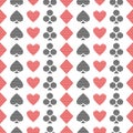 Vector seamless symmetrical pattern with black and red lined playing card symbols on the white background. Royalty Free Stock Photo