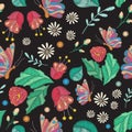 Vector seamless texture with embroidery design. Colored floral pattern with decorative embroidered flowers, leaves and butterfly
