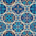 Vector seamless texture. Mosaic patchwork ornament with oval elements. Portuguese azulejos decorative pattern