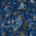 Seamless textured marble pattern with gold veins. Luxury golden granite on dark blue background