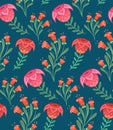 Vector seamless traditional pattern with flowers and twigs with folk art on a blue background. Naive floral texture Royalty Free Stock Photo