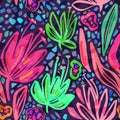 Vector seamless tropical pattern with bright minimalistic flowers on dark background, vivid colors floral summer print