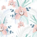 Vector seamless tropical pattern, with paradise beige orchid flower in bloom with tropical greenery. Royalty Free Stock Photo