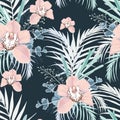 Vector seamless tropical pattern, with paradise beige orchid flower in bloom with tropical greenery. Royalty Free Stock Photo