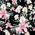 Vector seamless tropical pattern, with paradise orchid flower in bloom. Royalty Free Stock Photo