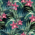 Vector seamless tropical pattern, vivid tropic foliage, with ficus elastica, paradise orchid flower in bloom