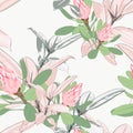 Vector seamless tropical pattern, vivid tropic foliage, with pink protea flower in bloom. Royalty Free Stock Photo