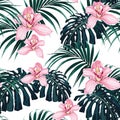 Vector seamless tropical pattern, vivid tropic foliage, with monstera leaf, palm leaves, pink orchid flowers in bloom.