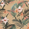 Vector seamless tropical pattern, vivid tropic foliage, with palm leaves, bird of paradise flower, orchid in bloom. Royalty Free Stock Photo