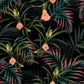 Vector seamless tropical pattern, vivid tropic foliage, with palm leaves, bird of paradise flower, orchid in bloom. Royalty Free Stock Photo