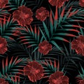 Vector seamless tropical pattern, vivid tropic foliage, with palm leaves, tropical hibiscus flower in bloom. Royalty Free Stock Photo