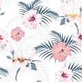 Vector seamless tropical pattern, vivid tropic foliage, with palm leaves, tropical pink hibiscus flower in bloom. Royalty Free Stock Photo