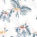 Vector seamless tropical pattern, vivid tropic foliage, with palm leaves, tropical pink hibiscus flower in bloom. Royalty Free Stock Photo