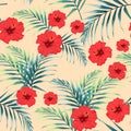 Vector seamless tropical pattern, vivid tropic foliage, with palm leaves, tropical red hibiscus flower in bloom Royalty Free Stock Photo