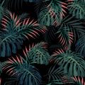 Vector seamless tropical pattern, vivid tropic foliage, with palm monstera leaves.