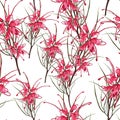Vector seamless tropical pattern, vivid tropic foliage, with red protea flowers in bloom. Modern bright summer print design. Royalty Free Stock Photo