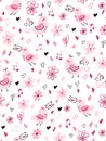 Vector seamless valentine`s day love pattern from doodle hand drawn birds, hearts and flowers Royalty Free Stock Photo