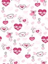 Vector seamless valentine`s day love pattern from doodle hand drawn hearts, envelopes and flowers Royalty Free Stock Photo