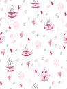 Vector seamless valentine`s day love pattern from doodle hand drawn hearts and tea cups Royalty Free Stock Photo