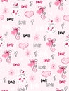 Vector seamless valentine`s day pattern from doodle hand drawn hearts, flovers and love labels Royalty Free Stock Photo