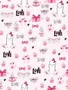 Vector seamless valentine`s day pattern from doodle hand drawn hearts, giftboxes, tea cups and love labels Royalty Free Stock Photo