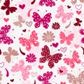 Vector seamless valentines pattern with pink hearts and dotty butterflies and flowers in doodle style Royalty Free Stock Photo