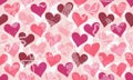 Vector seamless valentines pattern with pink hearts and white dotted butterflies in doodle style