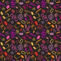 Vector seamless various bright color hand-drawn pattern with swirls, stripes, musical notes and treble clef. Grunge Royalty Free Stock Photo