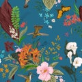 Vector seamless vintage floral pattern. Exotic flowers and birds. Royalty Free Stock Photo