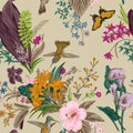 Vector seamless vintage floral pattern. Exotic flowers and birds. Royalty Free Stock Photo