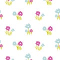 Vector seamless vintage handdrawn floral pattern. Blue flowers white background.