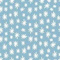 Vector seamless vintage pattern of white flower snowflake doodles on light blue