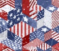 Vector Seamless Watercolor USA Flag Pattern. 3d Isometric Cubes Background In American Flag Colors.