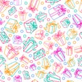 Vector seamless white pattern with multicolor outline gift boxes and ribbons.