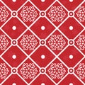 Vector seamless winter pattern; white geometric snowflakes on red background. Royalty Free Stock Photo